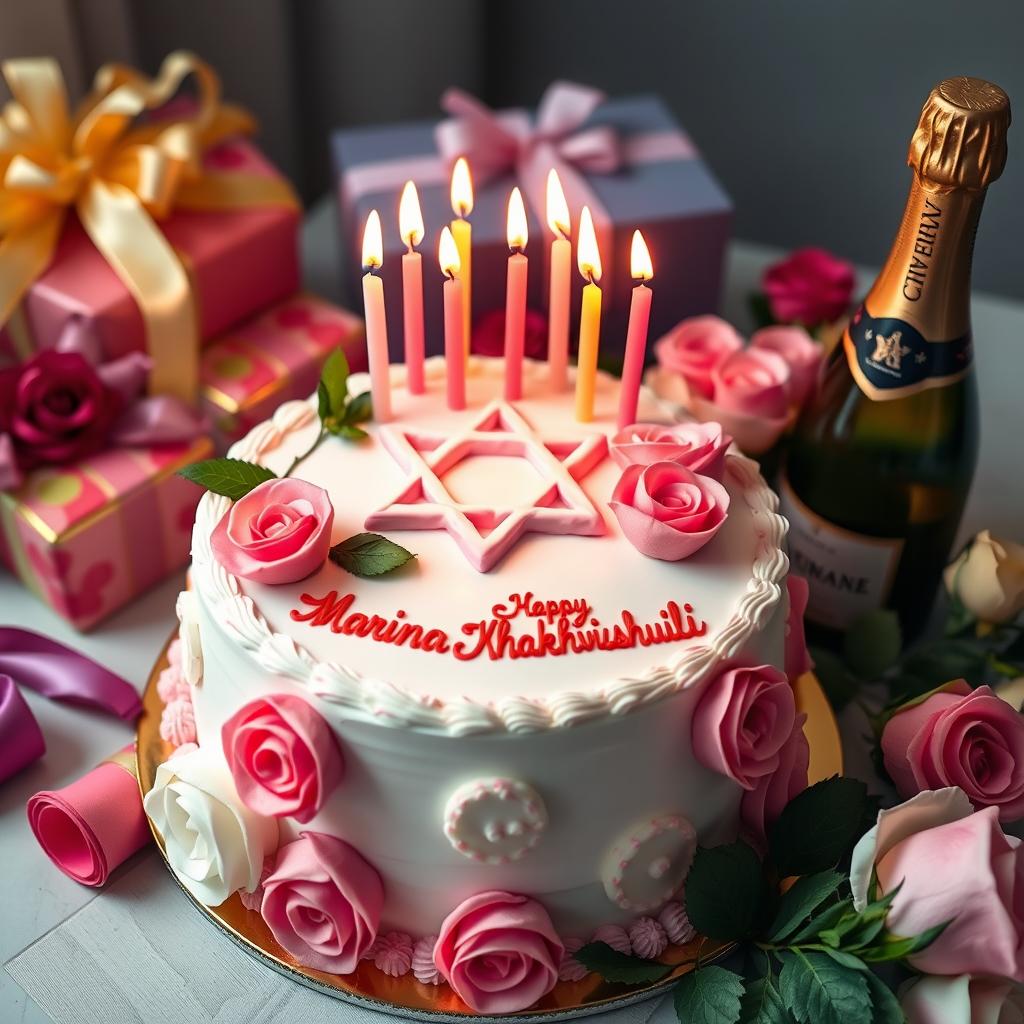 A beautifully decorated birthday cake featuring elegant pink and white roses, a prominent Magen David symbol made of icing, and burning candles on top