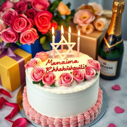 A beautifully decorated birthday cake featuring elegant pink and white roses, a prominent Magen David symbol made of icing, and burning candles on top