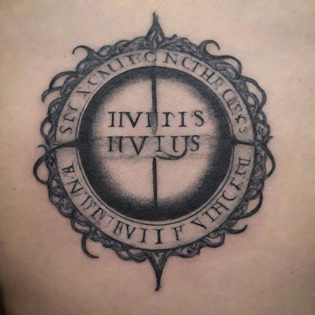 A detailed black ink tattoo featuring the word 'Invictus' in an elegant, flowing script. The text is surrounded by intricate, symbolic elements inspired by the poem such as an unbroken chain and a defiant sun rising over an unbeaten path.