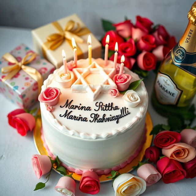 A beautifully decorated birthday cake featuring elegant pink and white roses, a prominent Magen David symbol made of icing, and burning candles on top