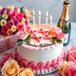 A beautifully decorated birthday cake featuring elegant pink and white roses, a prominent Magen David symbol made of icing, and burning candles on top