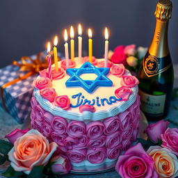 A magnificent birthday cake decorated with beautiful pink and white roses, topped with burning candles