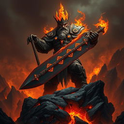 A commanding fire giant king, exuding an aura of sinister authority, standing on a rocky precipice amidst a backdrop of raging flames and dark smoke