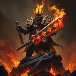 A commanding fire giant king, exuding an aura of sinister authority, standing on a rocky precipice amidst a backdrop of raging flames and dark smoke