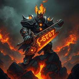 A commanding fire giant king, exuding an aura of sinister authority, standing on a rocky precipice amidst a backdrop of raging flames and dark smoke