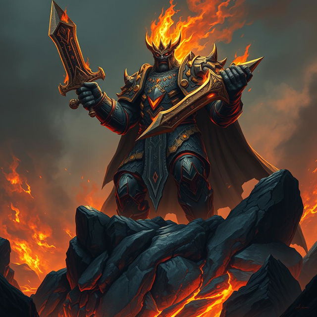 A commanding fire giant king, exuding an aura of sinister authority, standing on a rocky precipice amidst a backdrop of raging flames and dark smoke