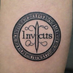 A detailed black ink tattoo featuring the word 'Invictus' in an elegant, flowing script. The text is surrounded by intricate, symbolic elements inspired by the poem such as an unbroken chain and a defiant sun rising over an unbeaten path.