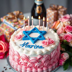 A beautifully decorated birthday cake featuring elegant pink and white roses, a prominent blue Magen David symbol made of icing, and topped with burning candles