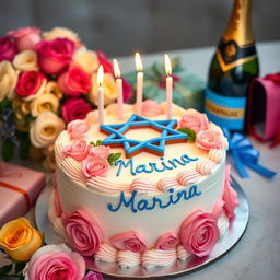 A beautifully decorated birthday cake featuring elegant pink and white roses, a prominent blue Magen David symbol made of icing, and topped with burning candles