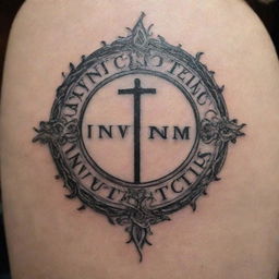 A detailed black ink tattoo featuring the word 'Invictus' in an elegant, flowing script. The text is surrounded by intricate, symbolic elements inspired by the poem such as an unbroken chain and a defiant sun rising over an unbeaten path.