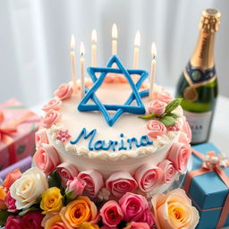 A beautifully decorated birthday cake featuring elegant pink and white roses, a prominent blue Magen David symbol made of icing, and topped with burning candles