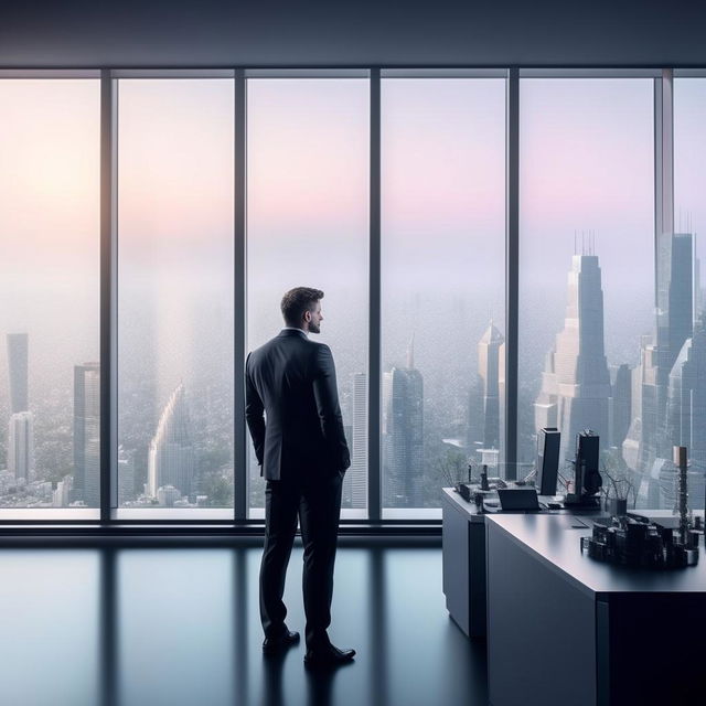 A successful businessman in a luxurious office, full of confidence and enthusiasm, surrounded by cutting-edge technology with a breathtaking view of the city skyline.