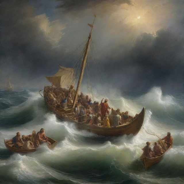 Christ calming the storm on a tempestuous sea, with his disciples looking on in awe and fear in their small boat