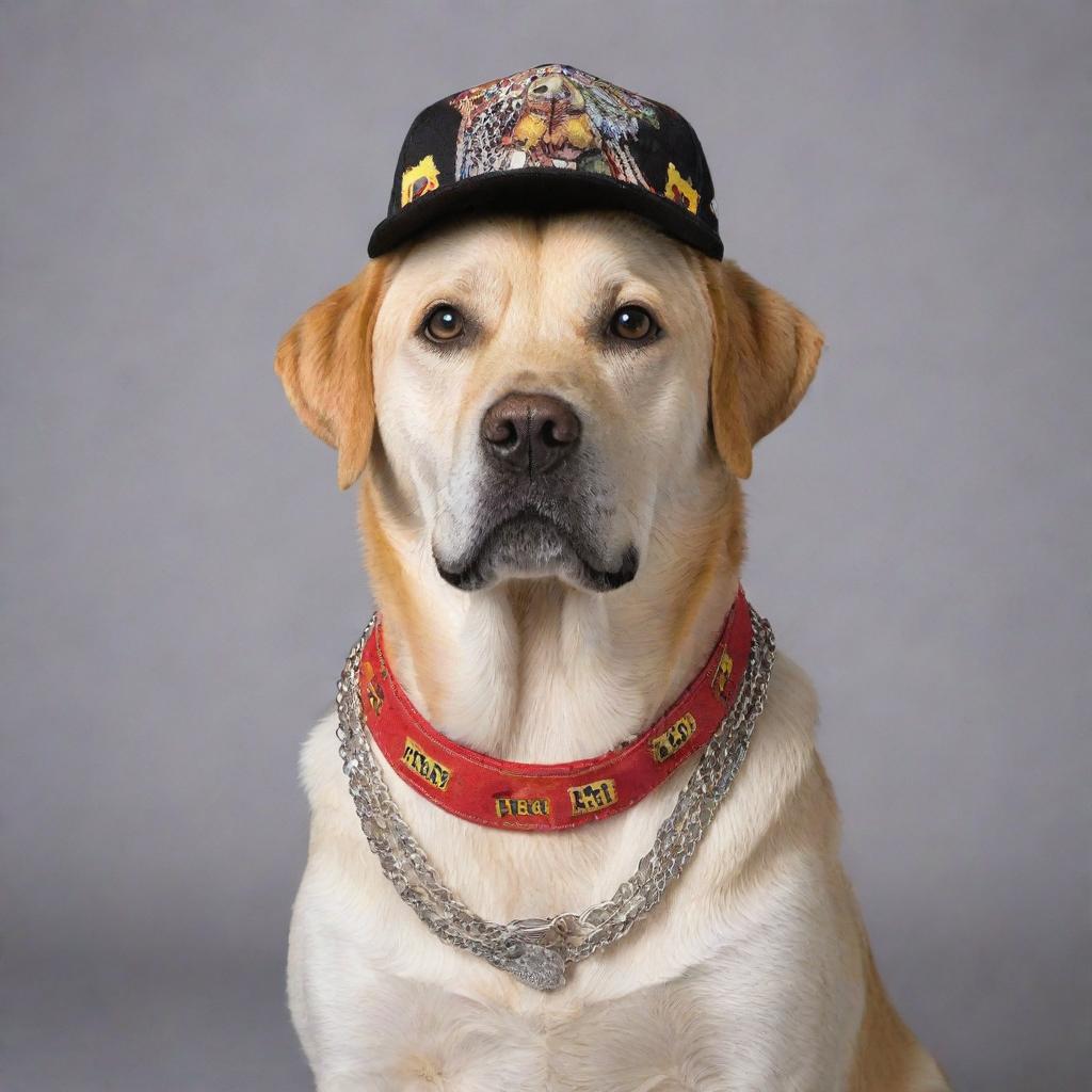 A regal, boastful Labrador dog adorned with flashy chains around its neck. It is sporting a cap with 'MAD GAUNDS ORI' printed on it. The dog is also dressed in a handcut shirt featuring a vibrant mix of black, white, red, and yellow patterns.