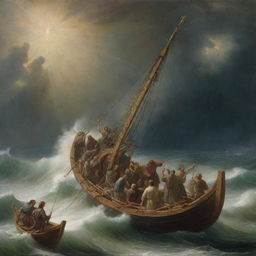 Christ calming the storm on a tempestuous sea, with his disciples looking on in awe and fear in their small boat