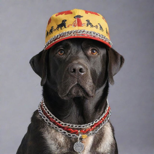 A regal, boastful Labrador dog adorned with flashy chains around its neck. It is sporting a cap with 'MAD GAUNDS ORI' printed on it. The dog is also dressed in a handcut shirt featuring a vibrant mix of black, white, red, and yellow patterns.