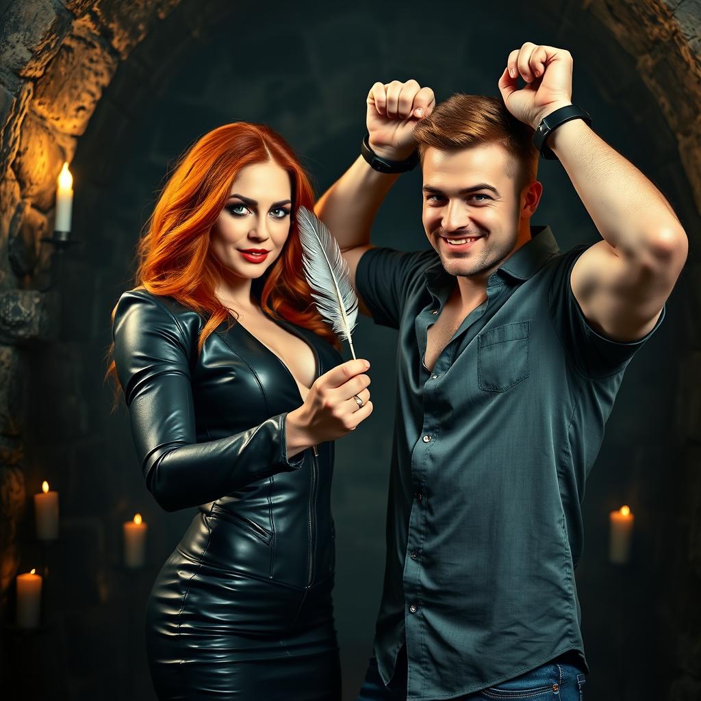 A striking image of a strong and confident woman with fiery red hair and piercing green eyes, playfully torturing a handsome man with a charming smile