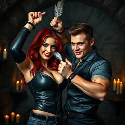 A striking image of a strong and confident woman with fiery red hair and piercing green eyes, playfully torturing a handsome man with a charming smile