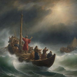 Christ calming the storm on a tempestuous sea, with his disciples looking on in awe and fear in their small boat