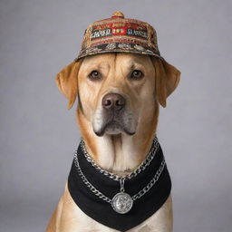 A regal, boastful Labrador dog adorned with flashy chains around its neck. It is sporting a cap with 'MAD GAUNDS ORI' printed on it. The dog is also dressed in a handcut shirt featuring a vibrant mix of black, white, red, and yellow patterns.