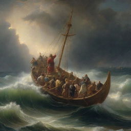 Christ calming the storm on a tempestuous sea, with his disciples looking on in awe and fear in their small boat