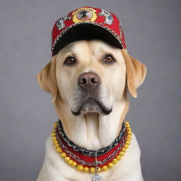 A regal, boastful Labrador dog adorned with flashy chains around its neck. It is sporting a cap with 'MAD GAUNDS ORI' printed on it. The dog is also dressed in a handcut shirt featuring a vibrant mix of black, white, red, and yellow patterns.