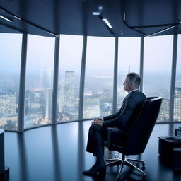 A successful businessman in a luxurious office, full of confidence and enthusiasm, surrounded by cutting-edge technology with a breathtaking view of the city skyline.