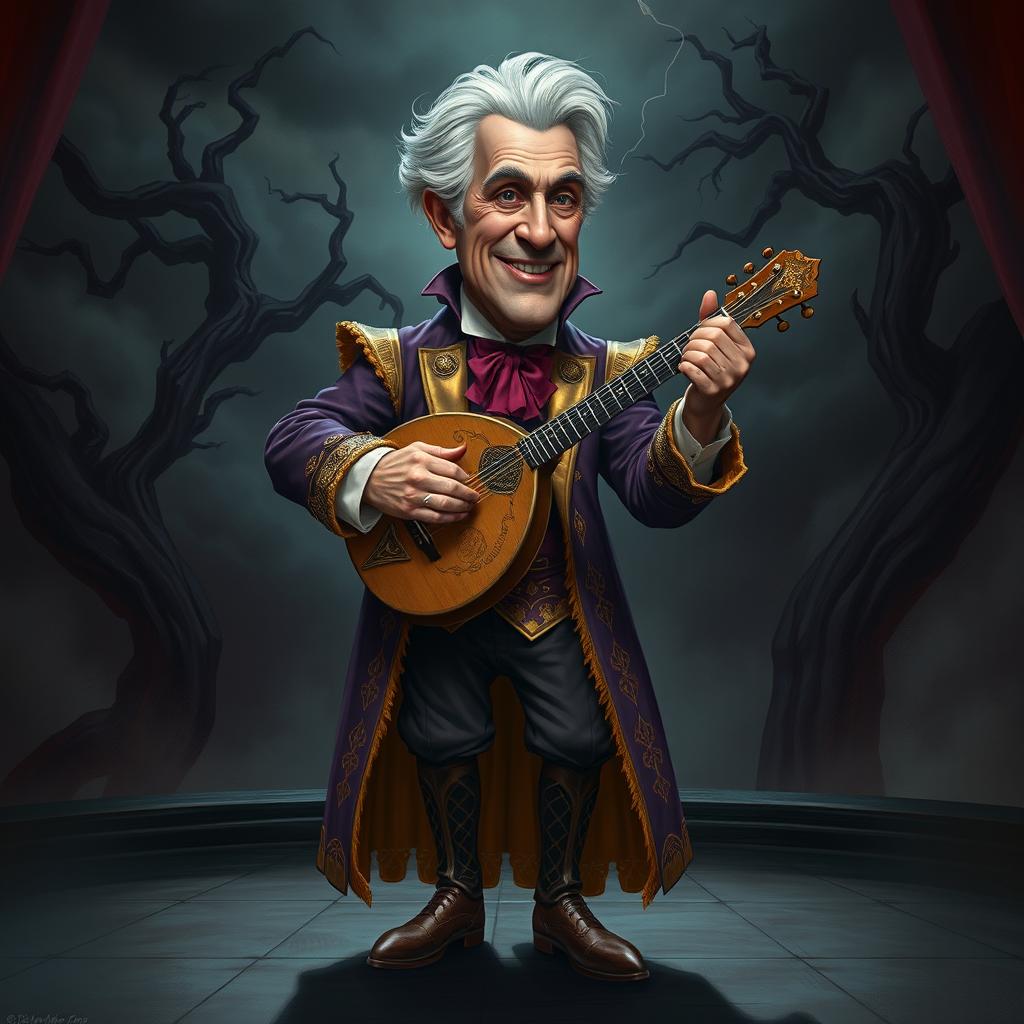 A sinister portrayal of a bard resembling a caricature of a famous political figure, donning extravagant, flamboyant clothing rich with gold and purple accents