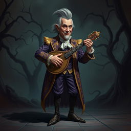 A sinister portrayal of a bard resembling a caricature of a famous political figure, donning extravagant, flamboyant clothing rich with gold and purple accents