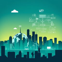 A silhouette of a city skyline, symbolizing urban life and technology, alongside a web-connected globe representing global communication and 'real-world' apps