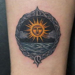 A striking and symbol-rich tattoo inspired by the poem 'Invictus'. It includes elements like a stormy sea, symbolising hardships, a pathway against the odds, signifying an unbeaten path, and a radiant sun, representing the unconquered soul in the poem.