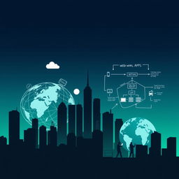 A silhouette of a city skyline, symbolizing urban life and technology, alongside a web-connected globe representing global communication and 'real-world' apps