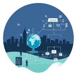 A silhouette of a city skyline, symbolizing urban life and technology, alongside a web-connected globe representing global communication and 'real-world' apps