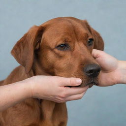 A comforting hand gently tucking back the floppy ear of a brown dog.