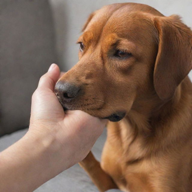 A comforting hand gently tucking back the floppy ear of a brown dog.