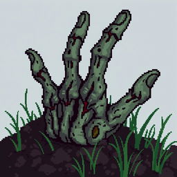 A pixel art zombie hand, designed in a 128x128 pixel format, featuring decayed and tattered skin with a sickly green and gray color palette