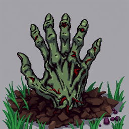 A pixel art zombie hand, designed in a 128x128 pixel format, featuring decayed and tattered skin with a sickly green and gray color palette