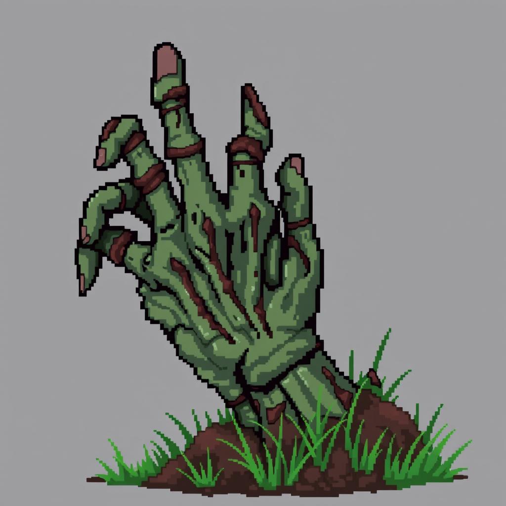 A pixel art zombie hand, designed in a 128x128 pixel format, featuring decayed and tattered skin with a sickly green and gray color palette