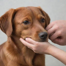 A comforting hand gently tucking back the floppy ear of a brown dog.