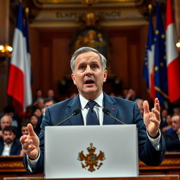 A strong portrait of the French Minister of Defense delivering a passionate speech about the geopolitical tensions with Russia