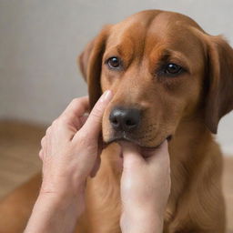 A comforting hand gently tucking back the floppy ear of a brown dog.