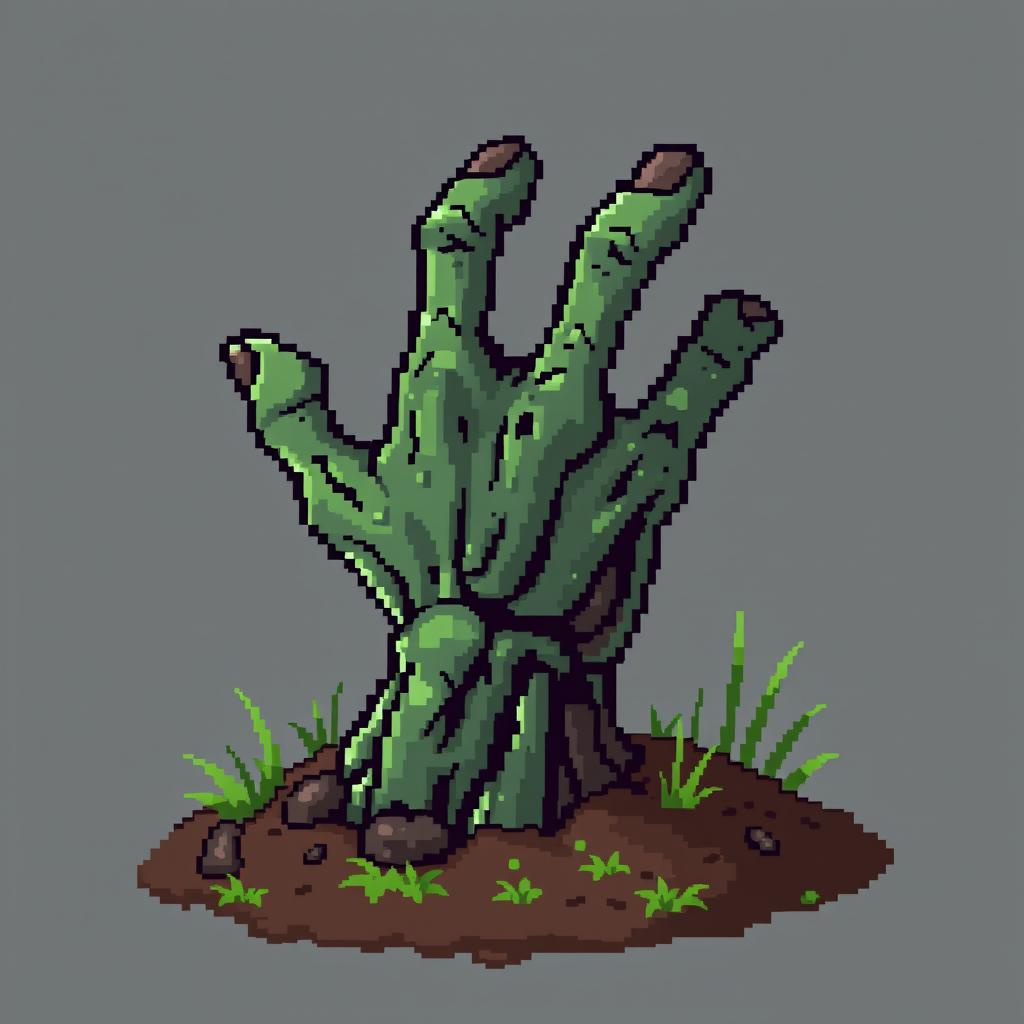 A pixel art zombie hand, designed in a 128x128 pixel format, featuring a slightly green color palette to emphasize its undead nature