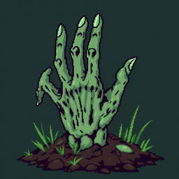 A pixel art zombie hand, designed in a 128x128 pixel format, featuring a slightly green color palette to emphasize its undead nature