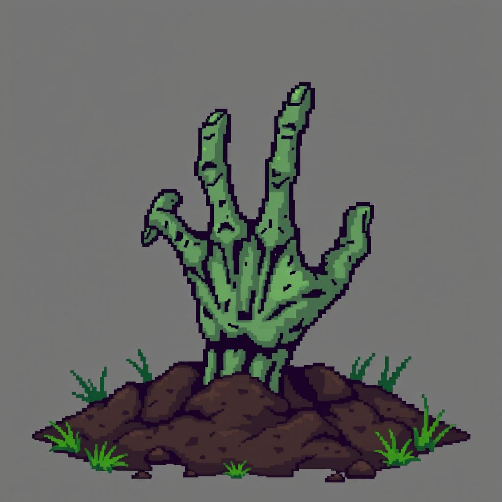 A pixel art zombie hand, designed in a 128x128 pixel format, featuring a slightly green color palette to emphasize its undead nature