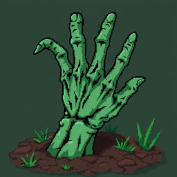 A pixel art zombie hand, designed in a 128x128 pixel format, featuring a slightly green color palette to emphasize its undead nature