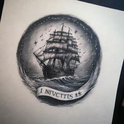 A tattoo design that beautifully interprets the Invictus poem. Visualize a storm-tossed sea, a strong figure navigating through, a night sky with a single star as guide & the word 'Invictus' written in bold Gothic-style script beneath.