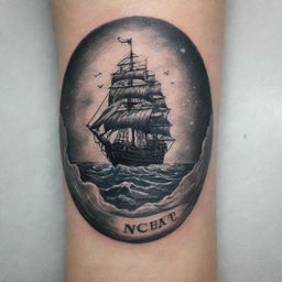 A tattoo design that beautifully interprets the Invictus poem. Visualize a storm-tossed sea, a strong figure navigating through, a night sky with a single star as guide & the word 'Invictus' written in bold Gothic-style script beneath.