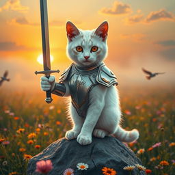 A majestic white cat with striking orange eyes and light brown spots, wearing a sleek metallic armor suit, confidently holding a gleaming sword