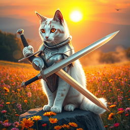 A majestic white cat with striking orange eyes and light brown spots, wearing a sleek metallic armor suit, confidently holding a gleaming sword