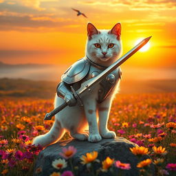 A majestic white cat with striking orange eyes and light brown spots, wearing a sleek metallic armor suit, confidently holding a gleaming sword